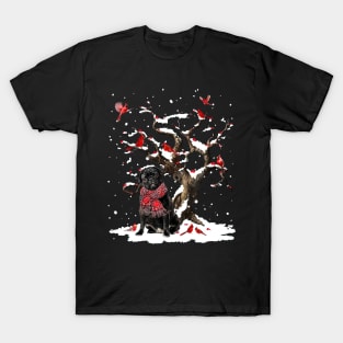 Black Pug Scarf Cardinal Snow Christmas T-Shirt